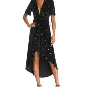 Bloomingdales NEW NWOT “re-named” black velvet stars wrap dress S
